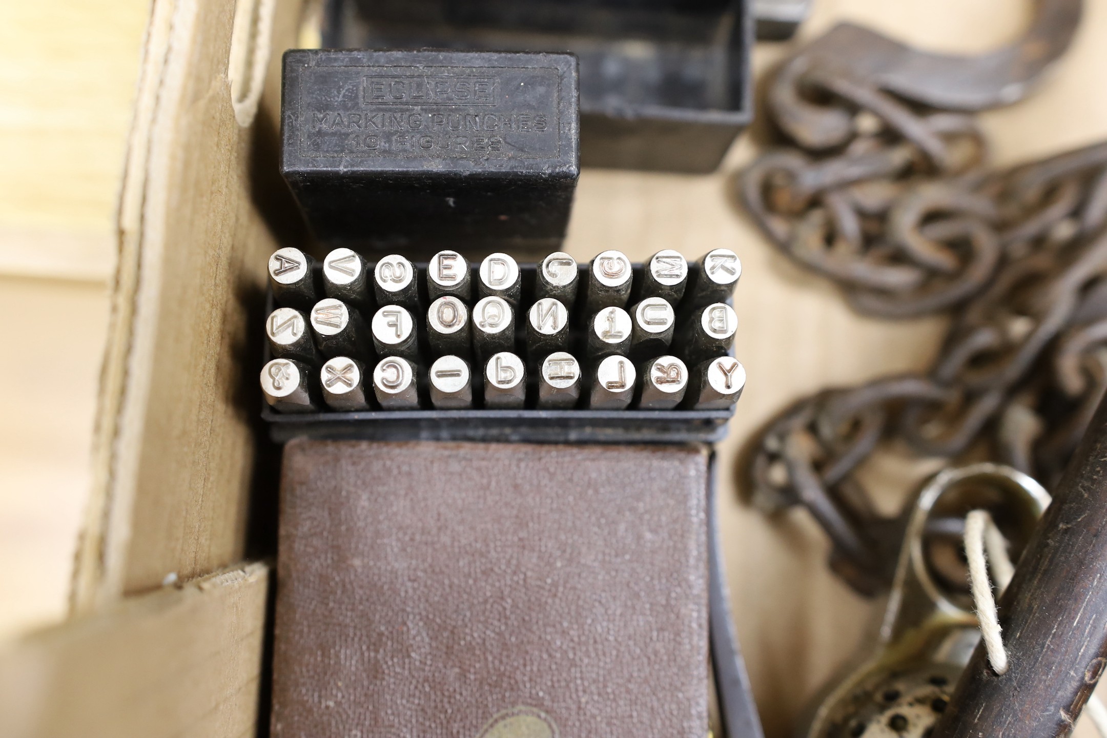 A 19th century steelyard, bayonet, two long-handled pokerwork blades, oval brass box, etc.